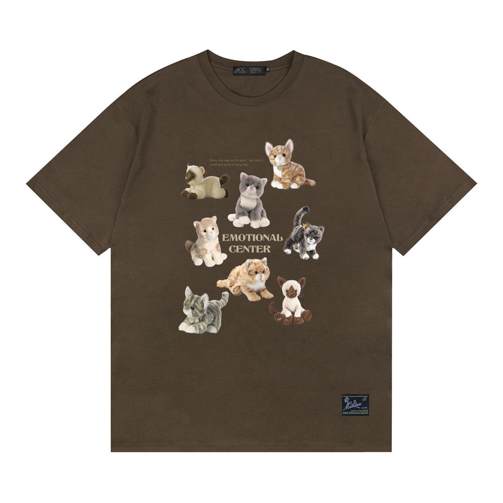 Cartoon Animal Print Kitten Short-sleeved T-shirt Boys Street Fashion Hip Hop