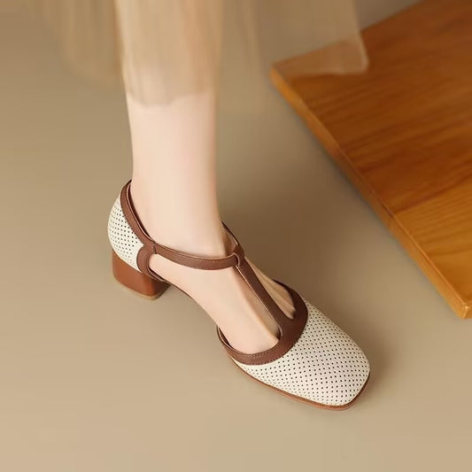 Hole Sandals Female Summer Retro Style Color Block Chunky Heel Pumps