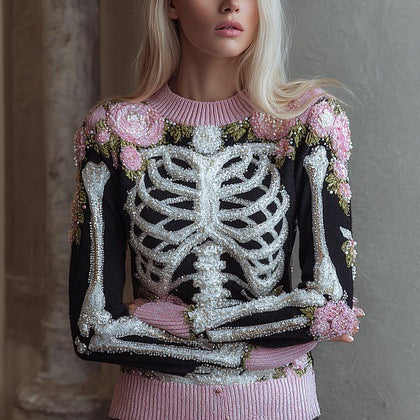 Womens Halloween Top Crew-neck Sweater With Faux Fur Details