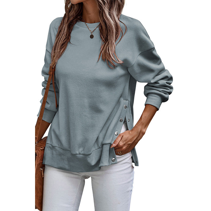 Solid Color Pullover Women's European And American Leisure Style Slit Loose Flab Hiding Long Sleeve Bathroom