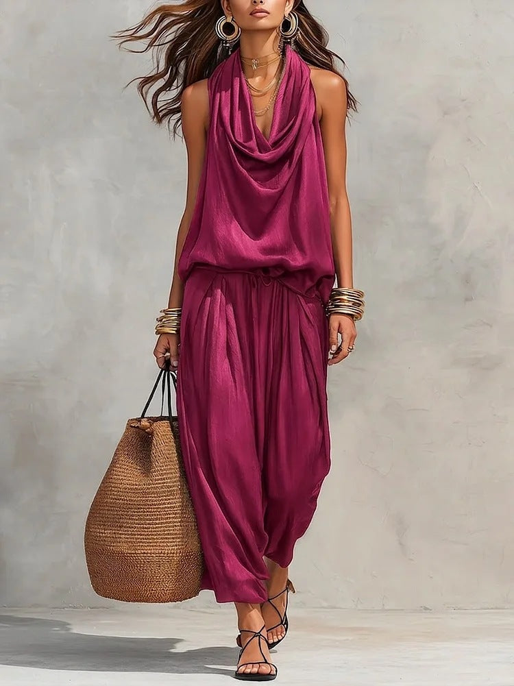 Womens Draped-Neck Vest And Casual Pants Set