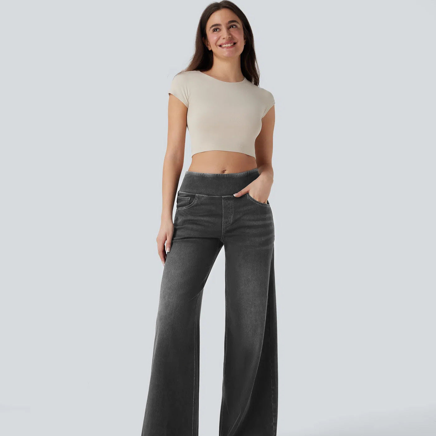 High-waisted Loose-fit Stretchy Wide-leg Jeans For Women