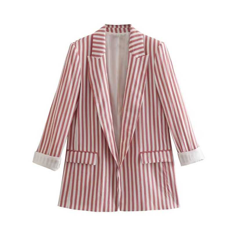 Ladies Lapel Stripe Pocket Trim Jacket