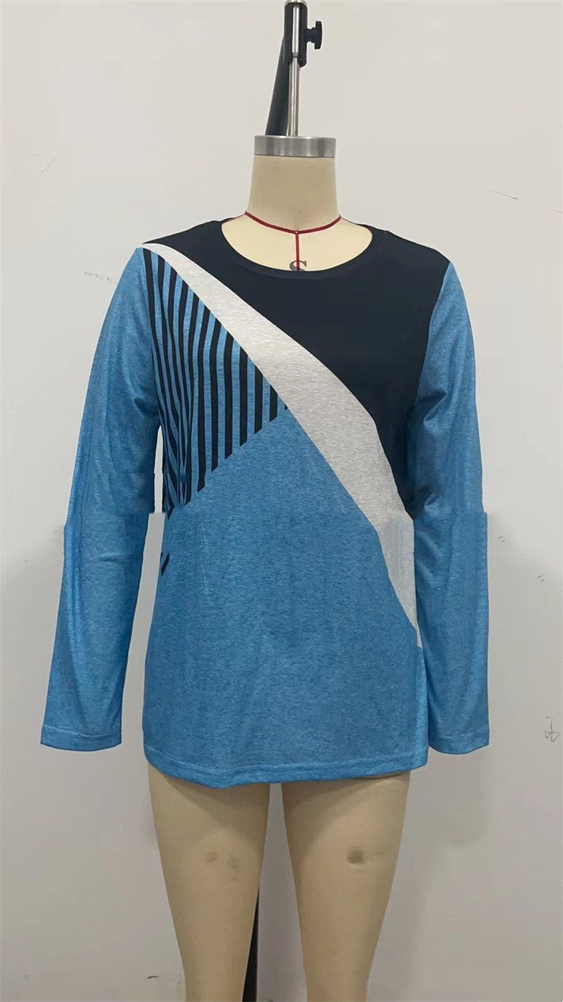 Rundhalset Colorblock Stribet Bund Langærmet Printet T-shirt
