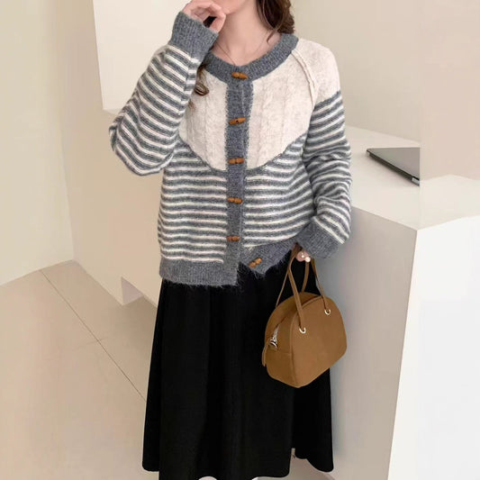 Autumn And Winter Striped Loose And Lazy Style Knitted Cardigan