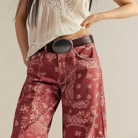 Womens Relaxed-fit Floral Cropped Wide-leg Mid-rise Jeans