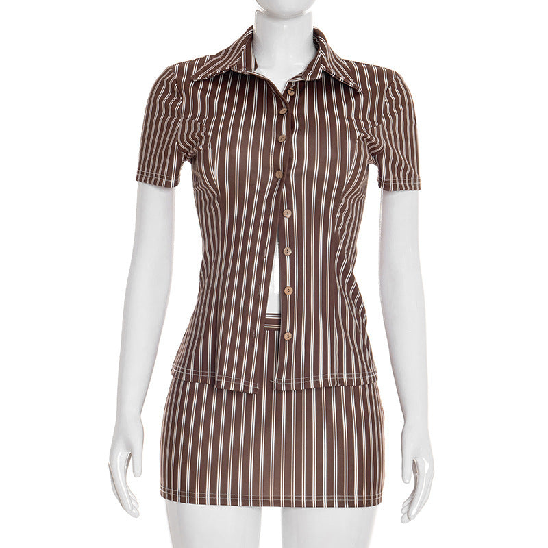 Fashionable Vintage Striped Top And Skirt Set