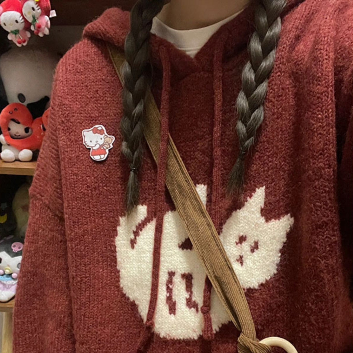 Retro Cartoon Cat Jacquard Hooded Sweater Lady