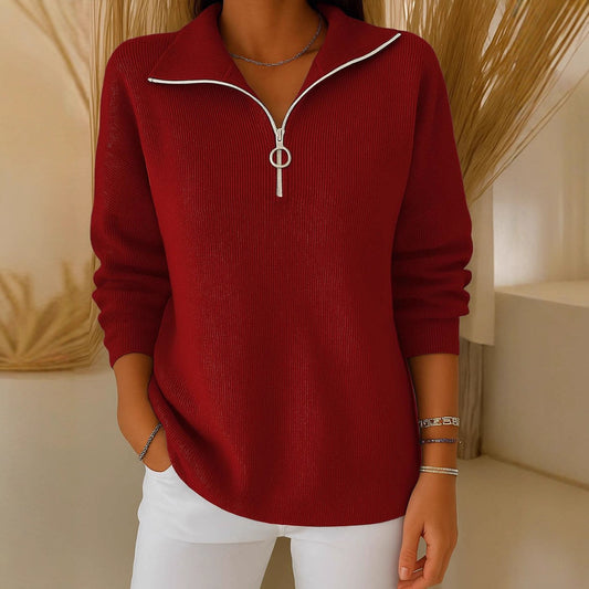 Casual Loose Half-open Collar Zipper Solid Color Women's Sweater