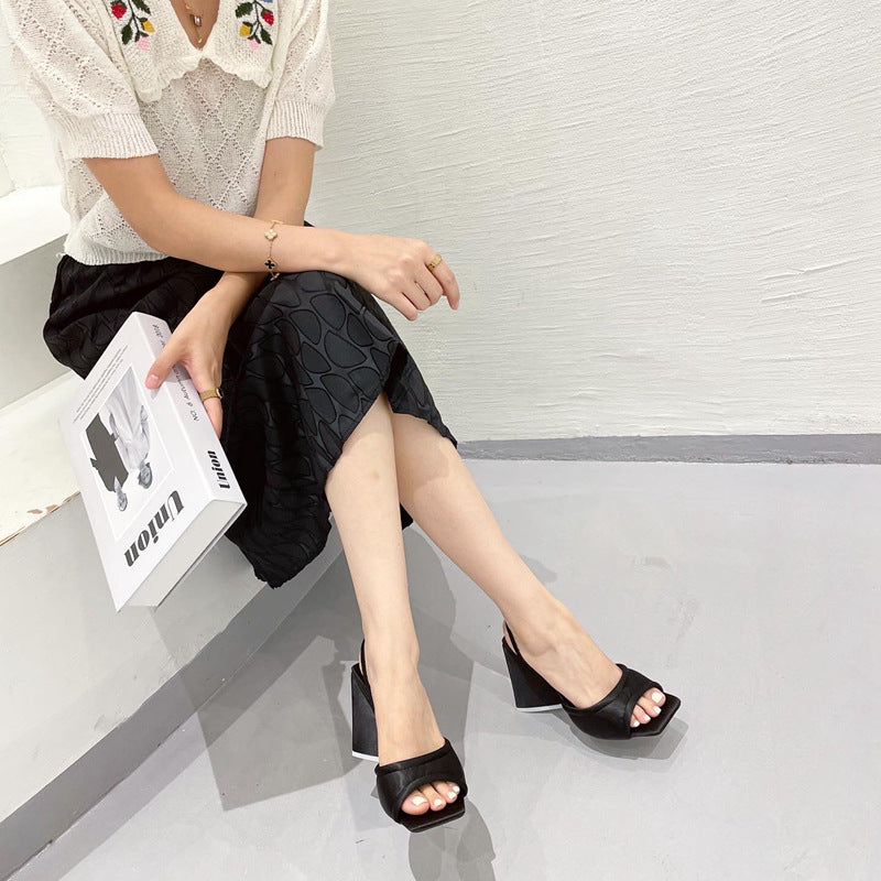 Fashion Triangle Heel Thick Heel Sandals Foreign Trade 41 Square Toe High-heeled Women's Shoes
