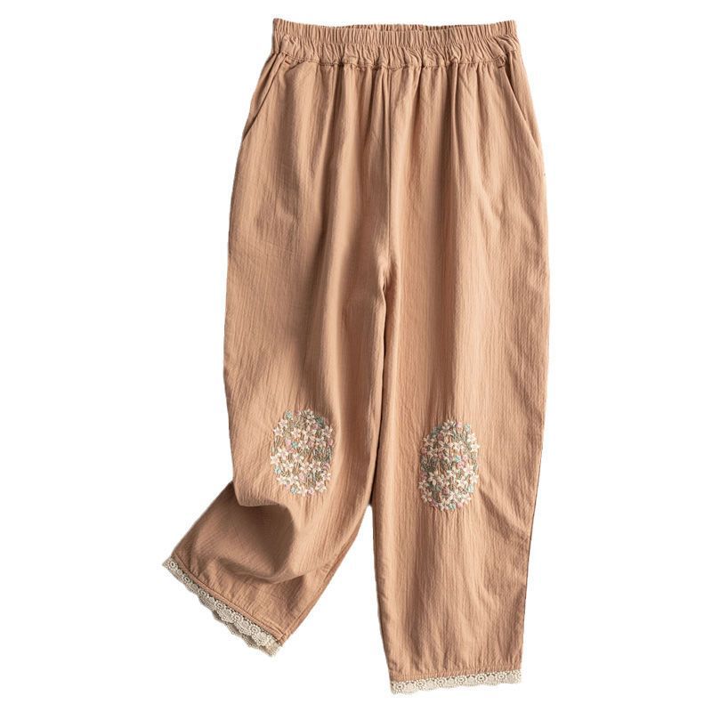 Cotton And Hemp Embroidery Casual Pants Female Literary Retro