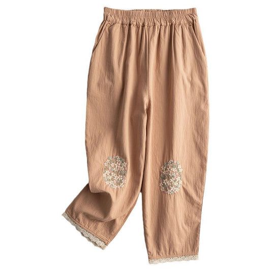 Bomuld og hamp broderi casual bukser, kvinde litterær retro