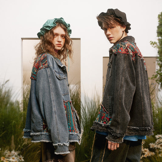National Style Burrs Stitching Washed Denim Jacket