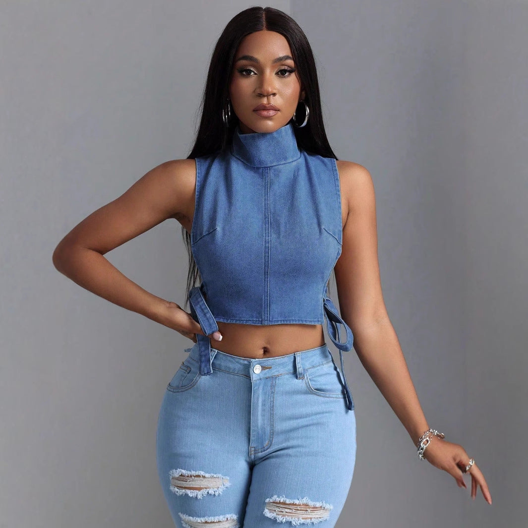 Womens Sexy Lace-Up Denim Top