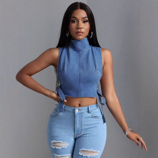 Womens Sexy Lace-Up Denim Top