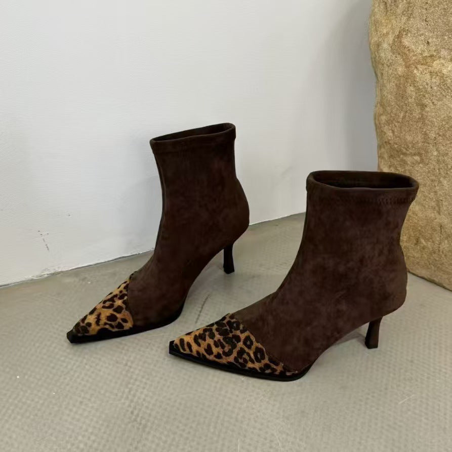 Suede Leopard-print Patchwork Stretch Slim Boots European And American-style Stiletto Short Boots