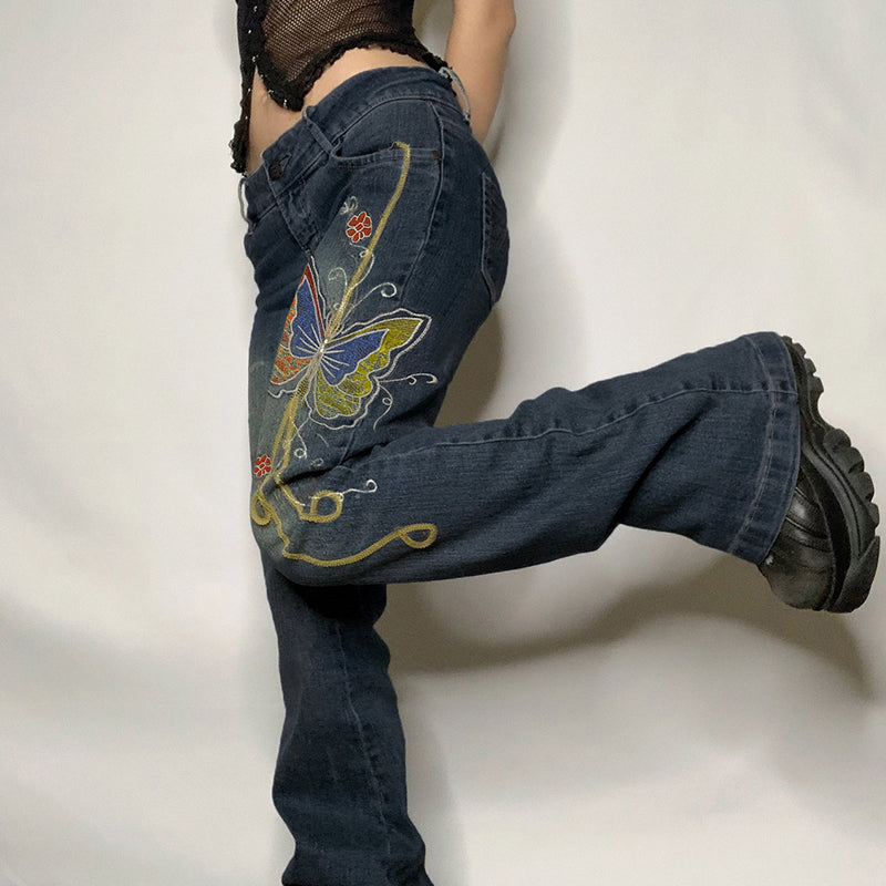 Fashion Women's Sexy High Waist Retro Individual Butterfly Print Bootcut Jeans