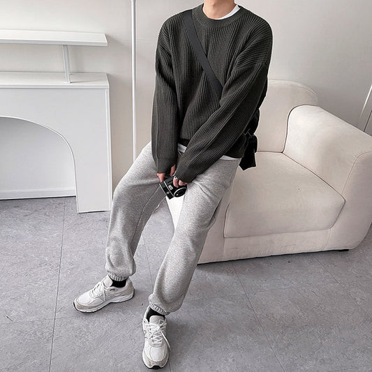 Rundhalset Løs Alsidig Ensfarvet Sweater til Mænd