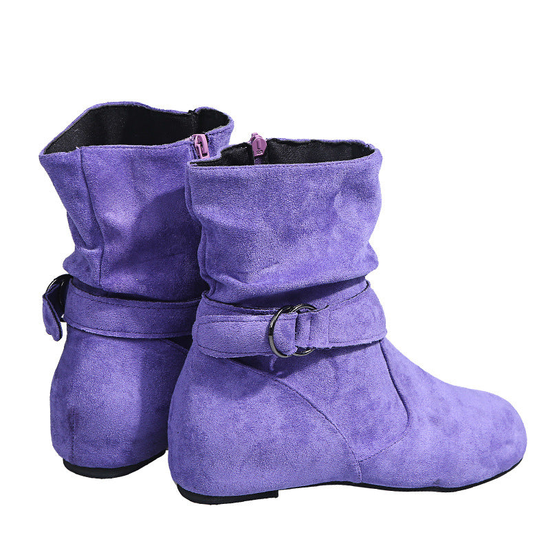 European Station Plus Size Suede Flat Belt Buckle Women's Ankle Boots