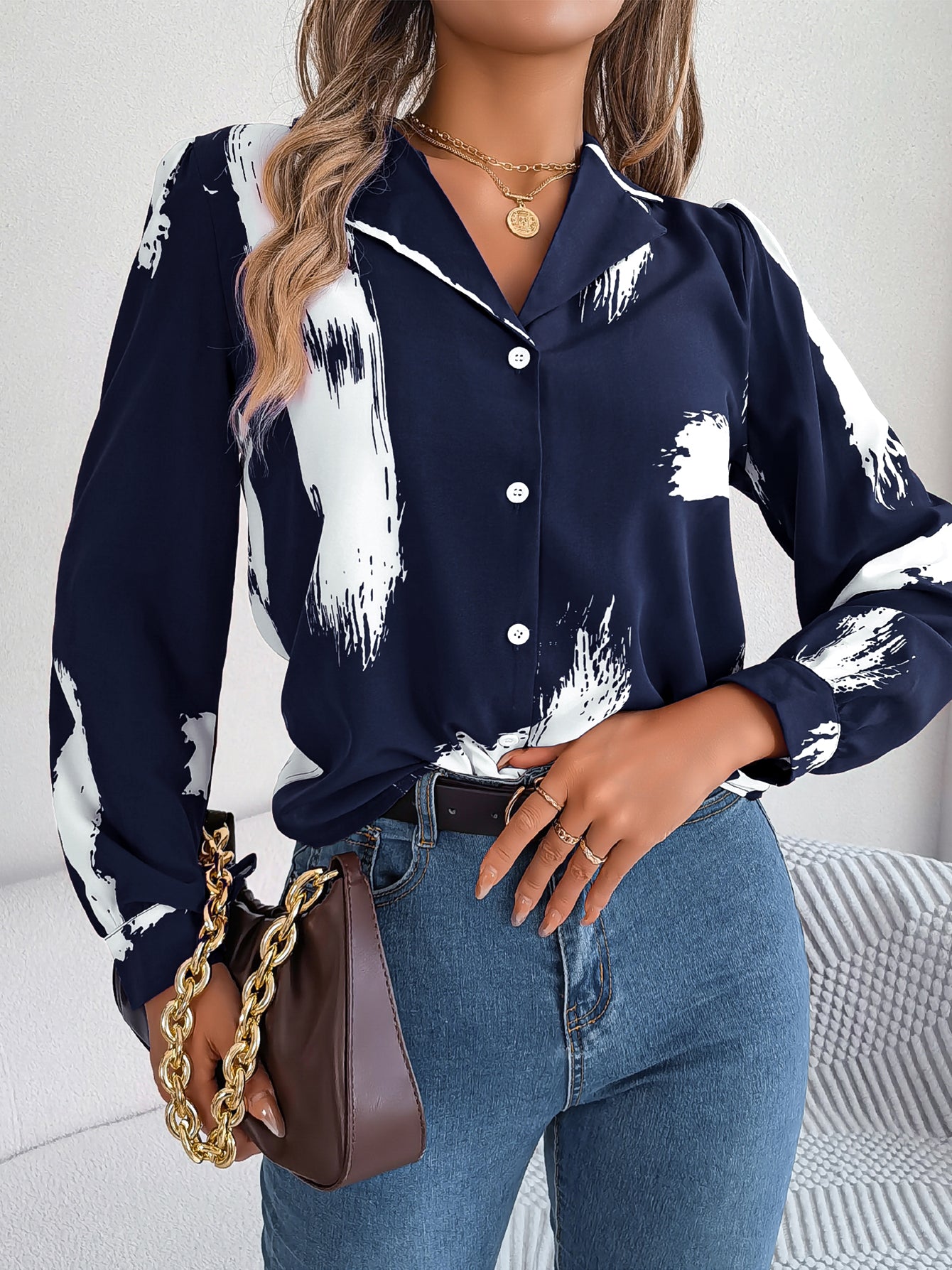Women's Elegant Color Block Stripe Notched Lapel Long Sleeve Shirt