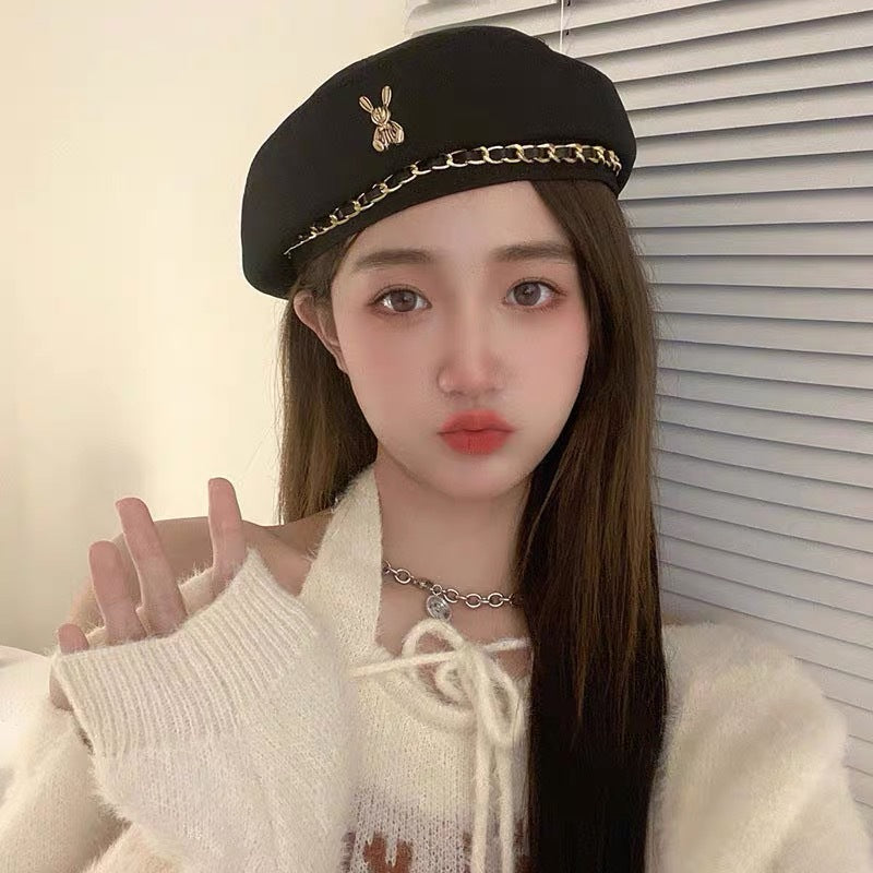 Autumn Winter Metal Chain Rabbit Female Beret