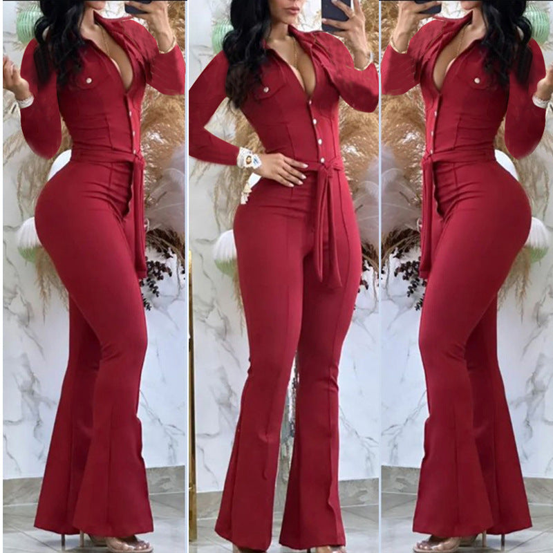 Autumn And Winter Button Lapel Slightly Flared Workwear Bag Jumpsuit Containing Belt