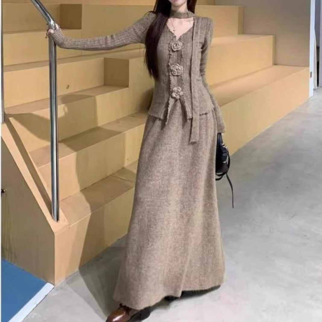 3D Flower V-neck Ribbon Long-sleeved Knitwear High-waisted Slim-fit Set