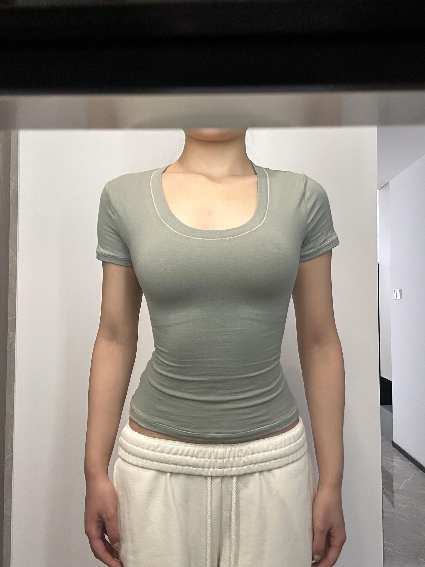 American Hot Girl U-collar Tight Waist Sports Shoulder Short Sleeve