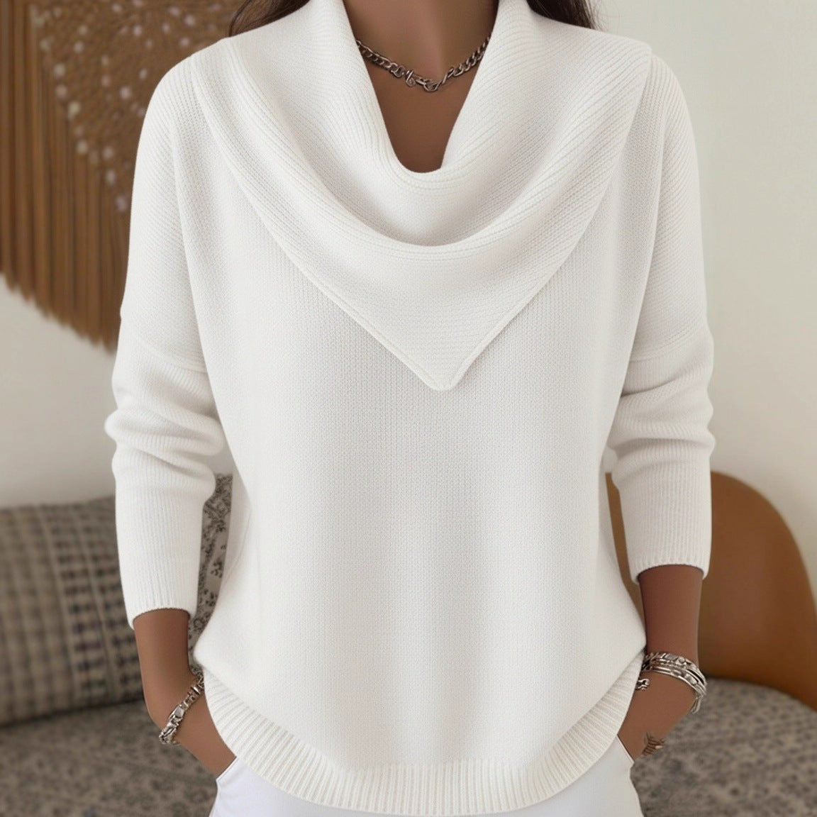 Womens Solid-color Long-sleeve Sweater Top