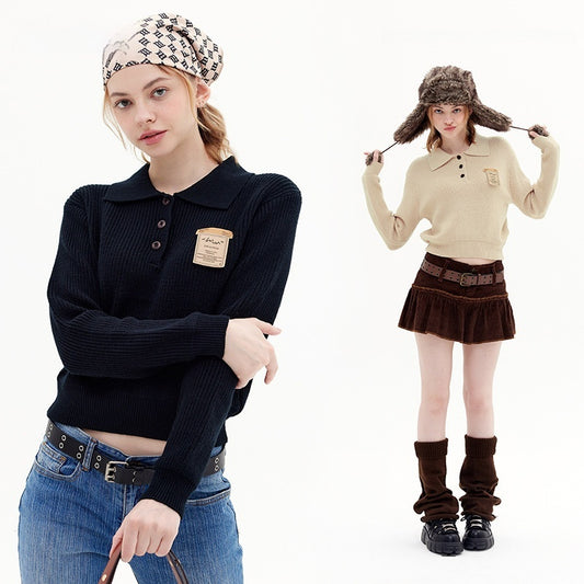 Oatmeal Color Lapel Korean Style Women's Sweater Idle Style Simple