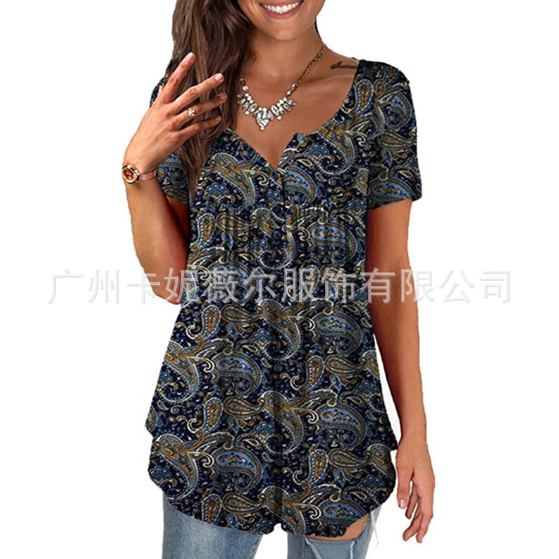 Women's Clothing Summer Fashion New Tops Digital Printing Casual Trend Short Sleeve Henley Shirt
