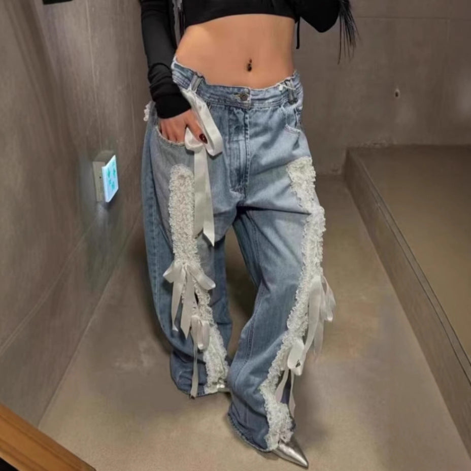 Women's American-style Retro Lace Lace-up Stitching Jeans