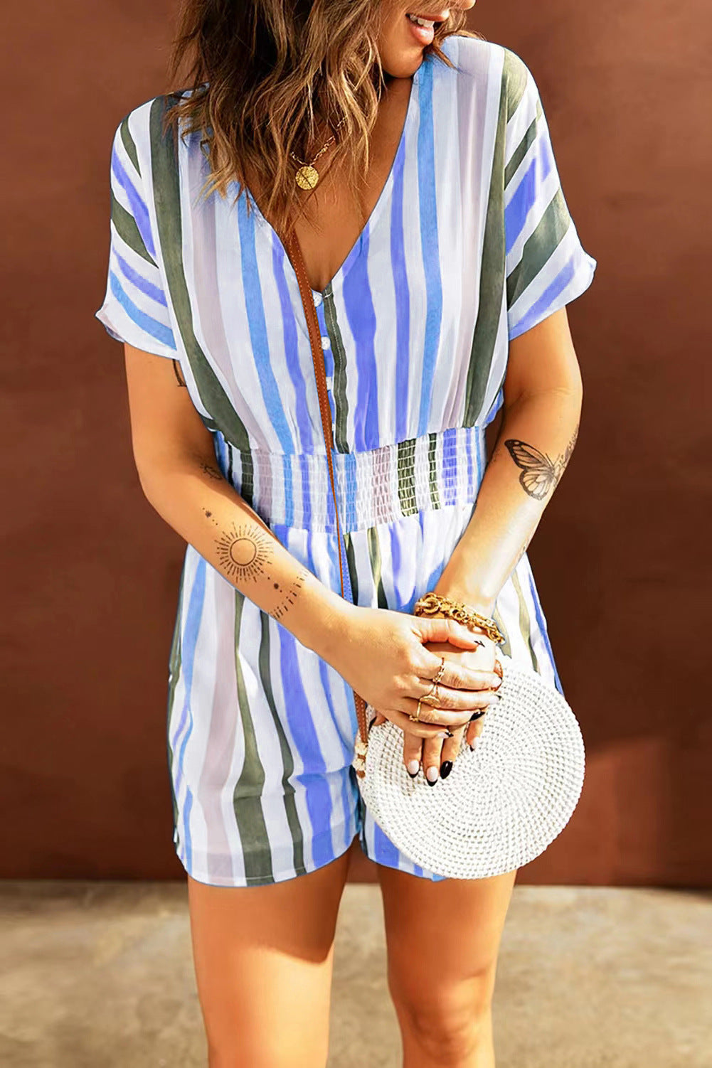 Ladies Elastic Waist Stripe Print V Neck Button Bodysuit