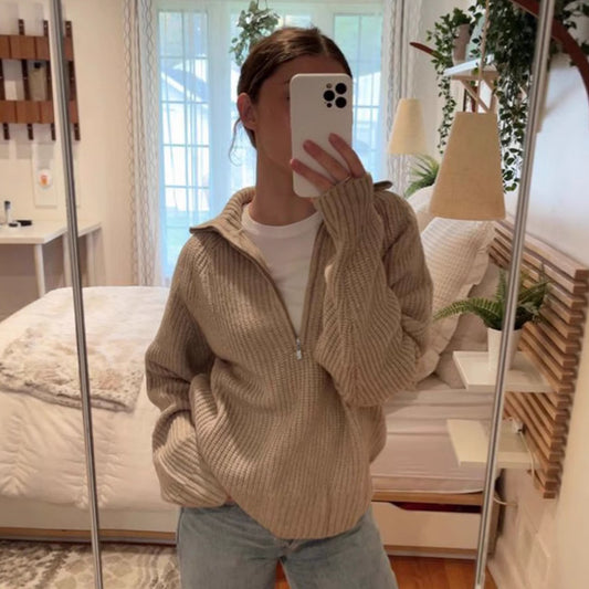 Half Open Placket Zipper Pullover Knitted Top