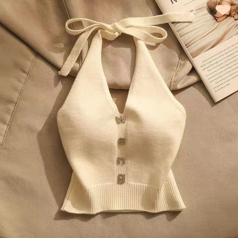 Summer Design Sense Off-the-shoulder Short Hot Girl Halter Spaghetti Straps Vest