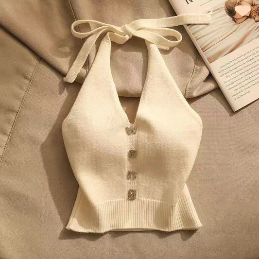 Summer Design Sense Off-the-shoulder Short Hot Girl Halter Spaghetti Straps Vest