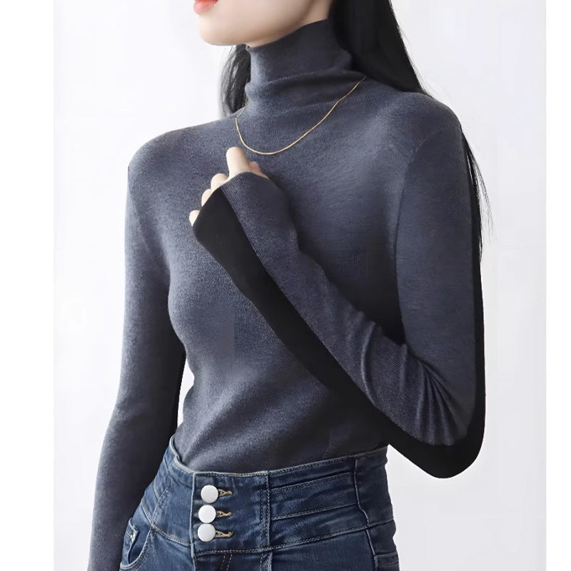 Two-tone High Neck Inner Wear Front And Back Color Matching Sweater Bottoming Shirt Blue