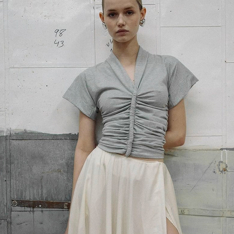 New Solid Color And V-neck Sexy Symmetrical Pleated Short Sleeve