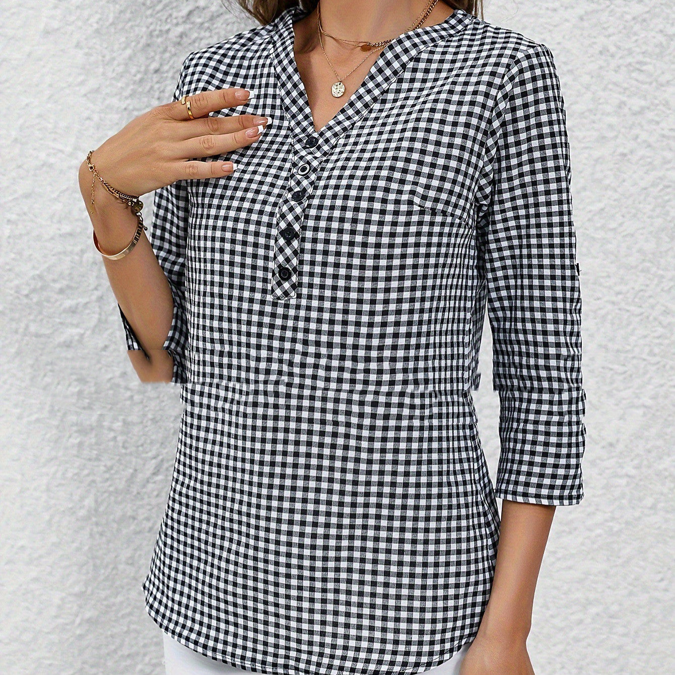 Elegant Retro Plaid Striped Three-quarter Sleeve Shirt
