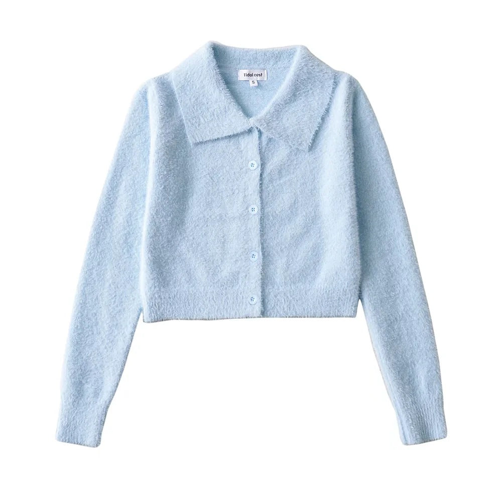 New Lapel Clean Single Breasted Long Sleeve Knit Cardigan Jacket