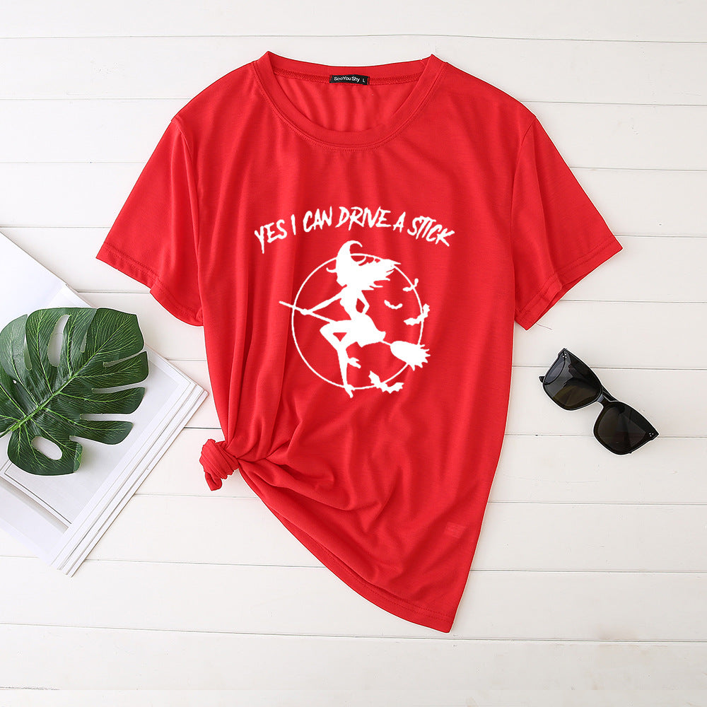 Flying Witch Print Crew Neck Short Sleeve T-Shirt