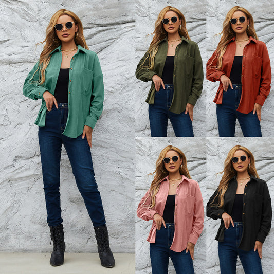 Corduroy Women's American Loose Jacket Coat Solid Color Shirt