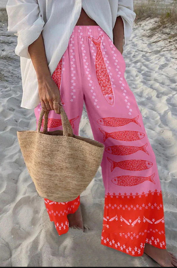 Casual Relaxed-fit Athletic Wide-leg Pants With A Fish-scale Pattern