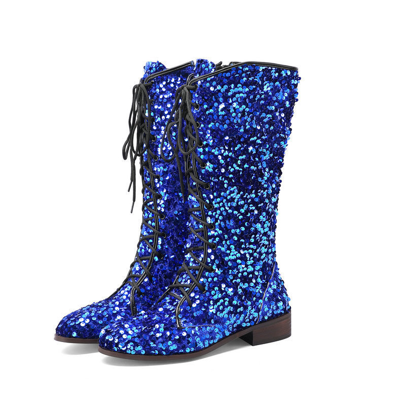 Glittery Round-toe Mid-heel Over-the-knee Boots With Front Lacing