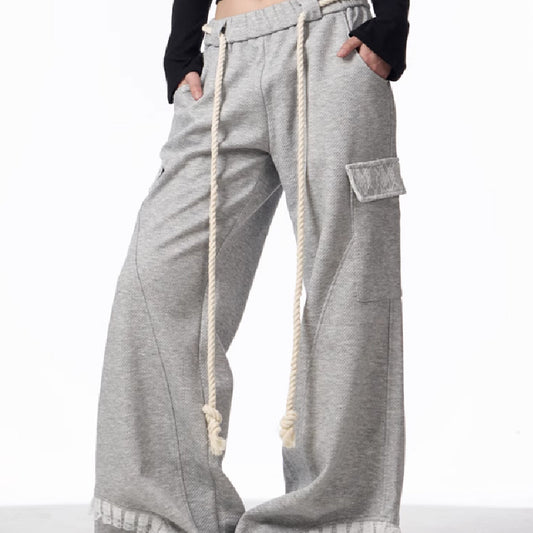 Gray Wide Leg Multi-pocket Drawstring Track Sweatpants Women's Casual Pants