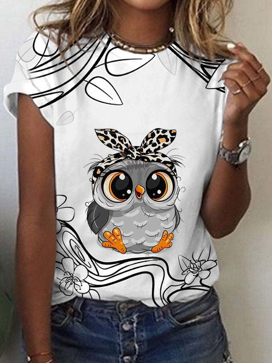 Cute Owl Pattern 3D Printed Round Neck Short Sleeve