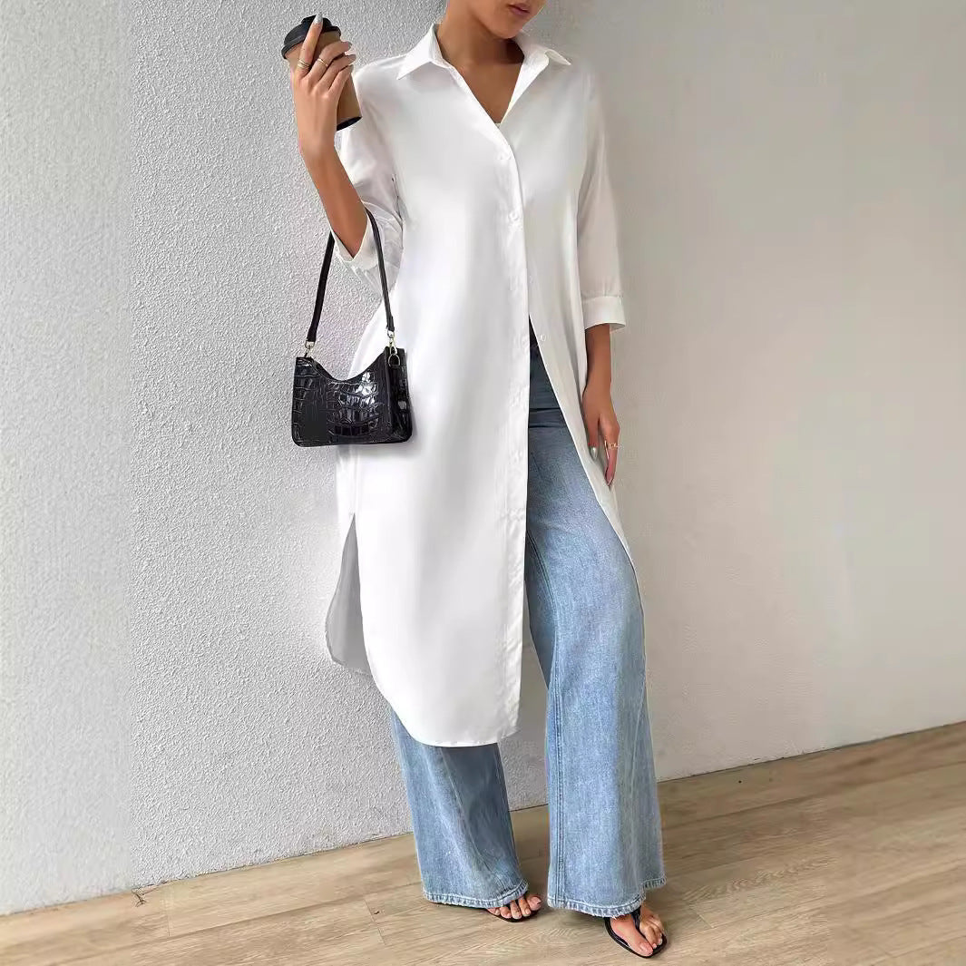Womens Versatile Long Solid-color Cardigan With Three-quarter Sleeves