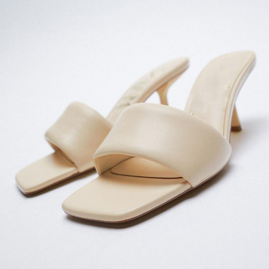 Nude Square Toe Sheep Leather High-heeled Sandals Stiletto Slippers