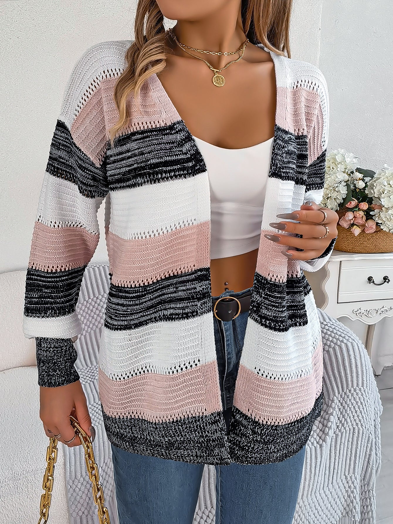 Women Casual Color Block Stripe Lantern Sleeve Cardigan Sweater Coat