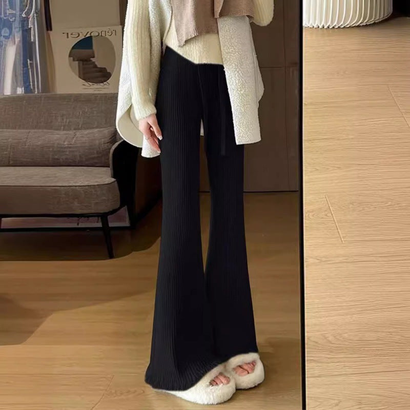 Womens Knitted Thickened High-Waist Straight-Leg Pants